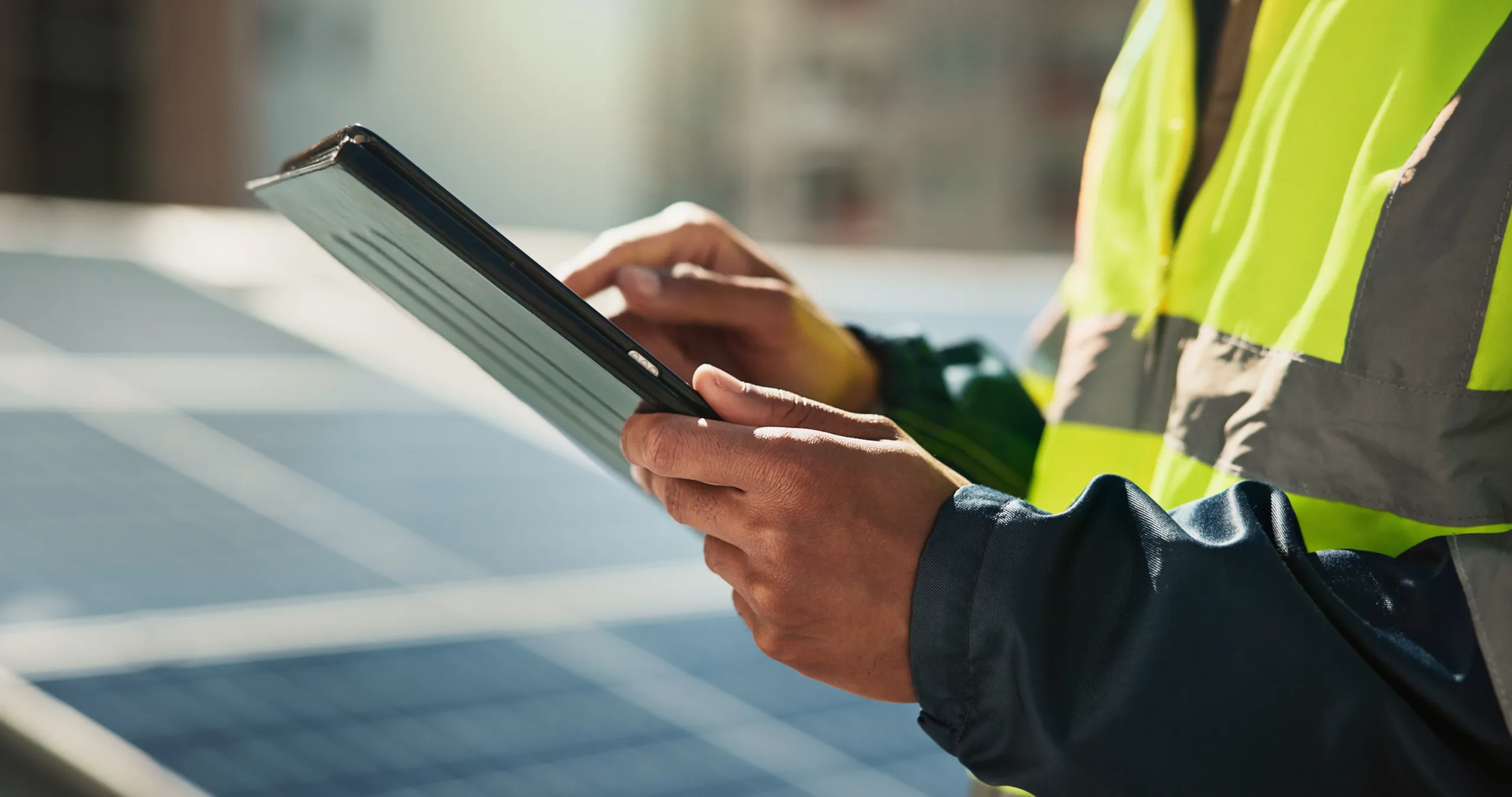 Solar panels, hand and tablet with person in city for photovoltaic grid, technician and engineer